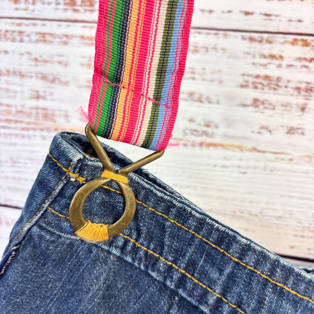 Handmade Upcycled Blue Denim Jean Shoulder Bag Rhinestone Striped Strap Boho - Picture 8 of 14